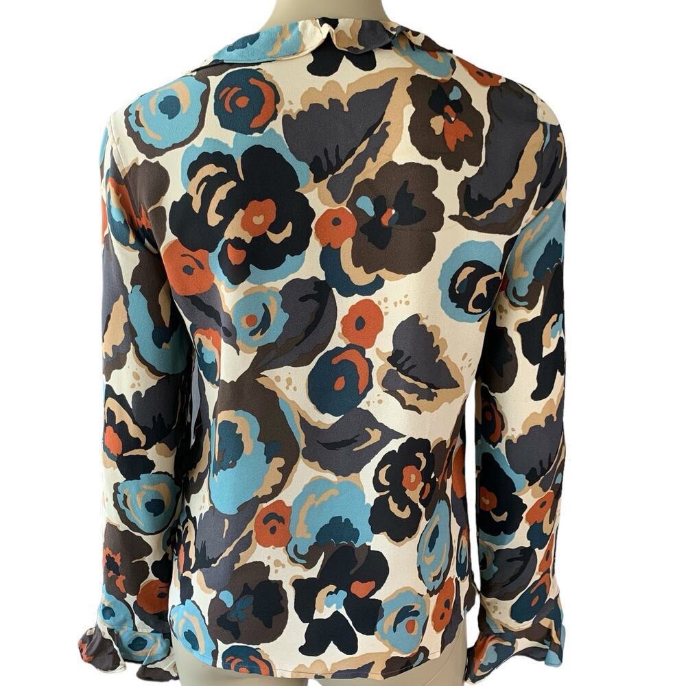 i.e. 100% Silk Floral Ruffled Long Sleeve Chiffon Tops Blouse Size L Multicolor - Picture 2 of 16